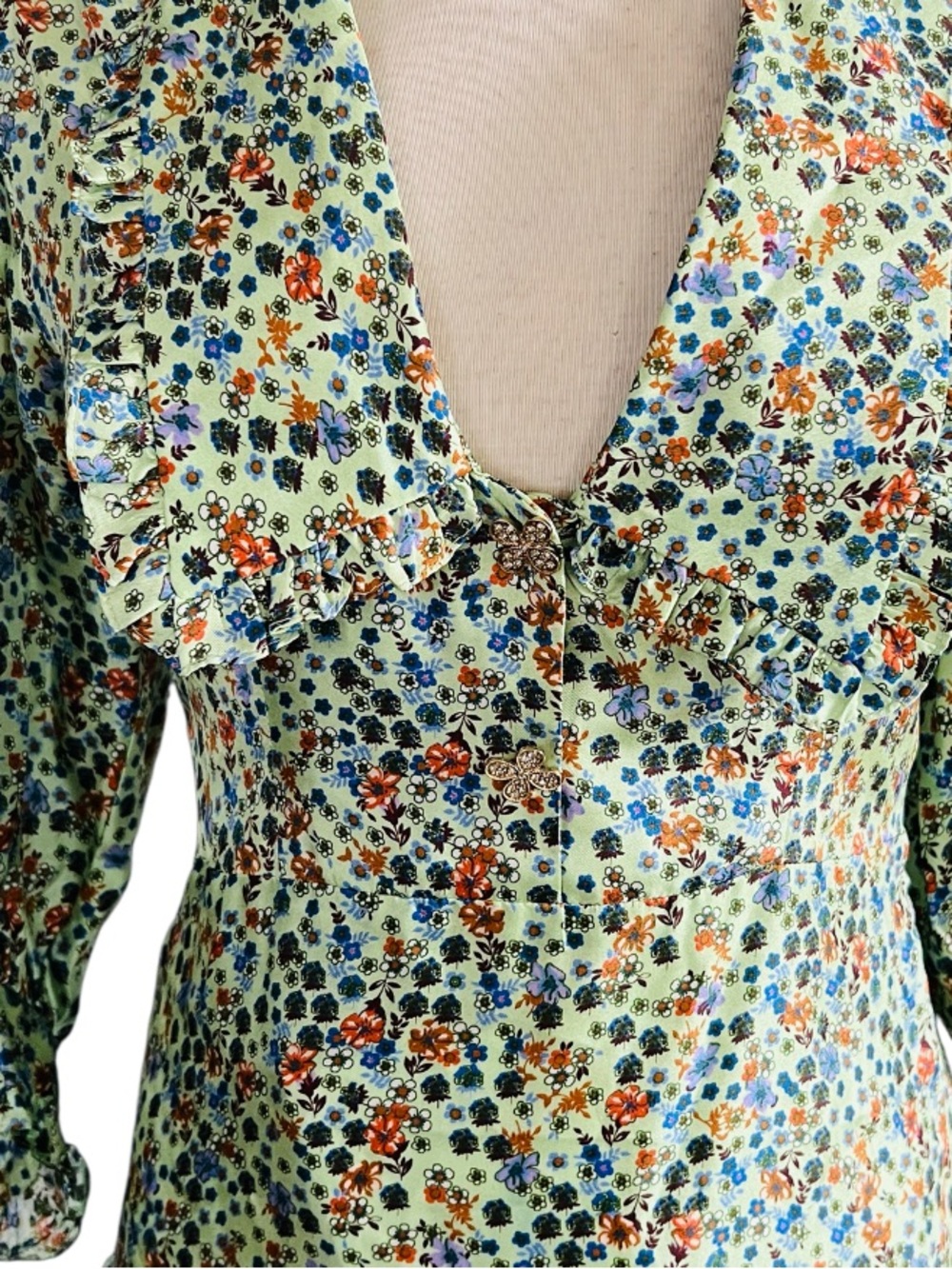 Sandro Eilat Floral-Print Silk Mini Dress - Green/Blue/White Size 34 US2 NWT - Picture 5 of 15